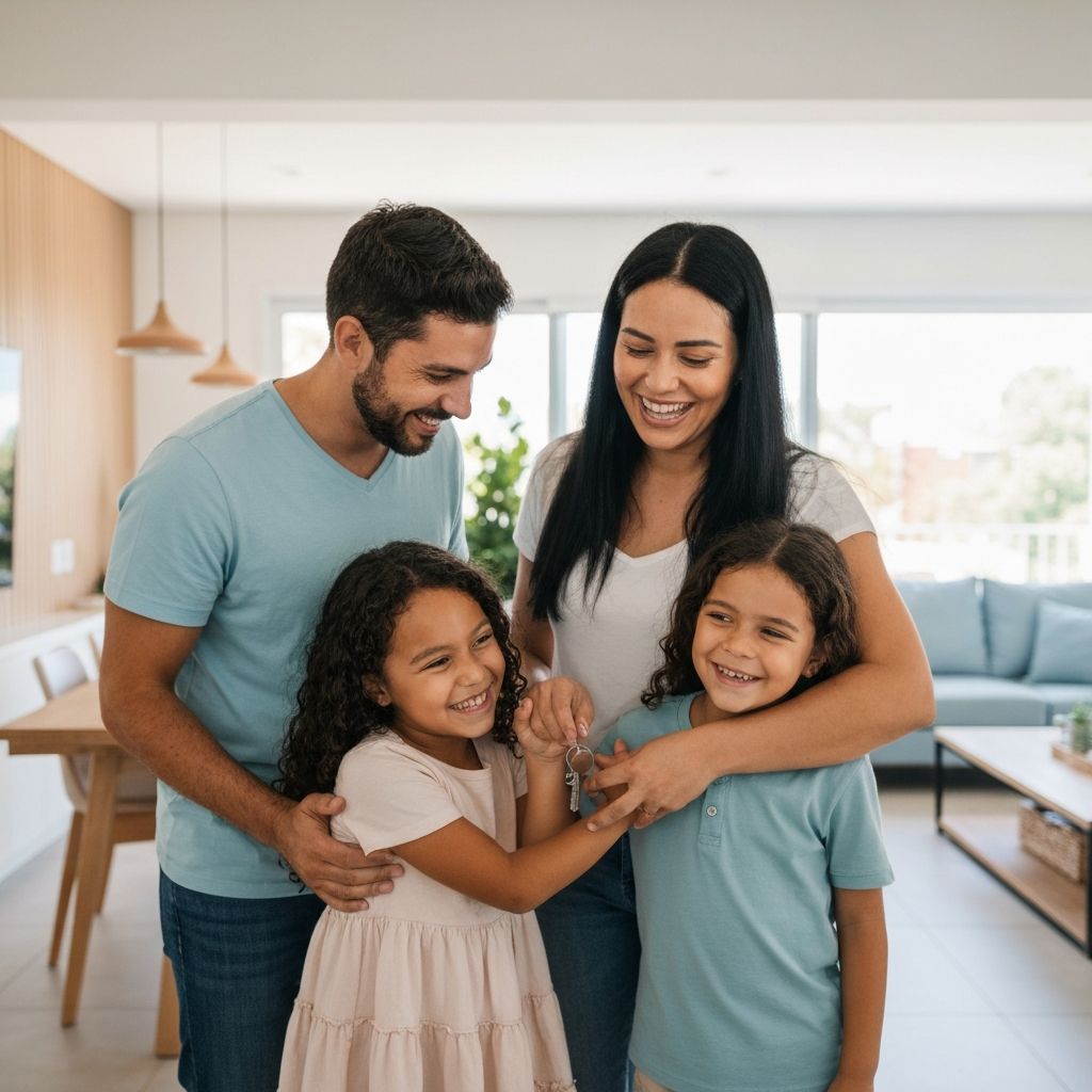 Família feliz recebendo as chaves da casa própria